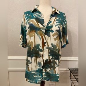 ZARA Green Blue Tropical Button Front Shirt Medium Relaxed Fit